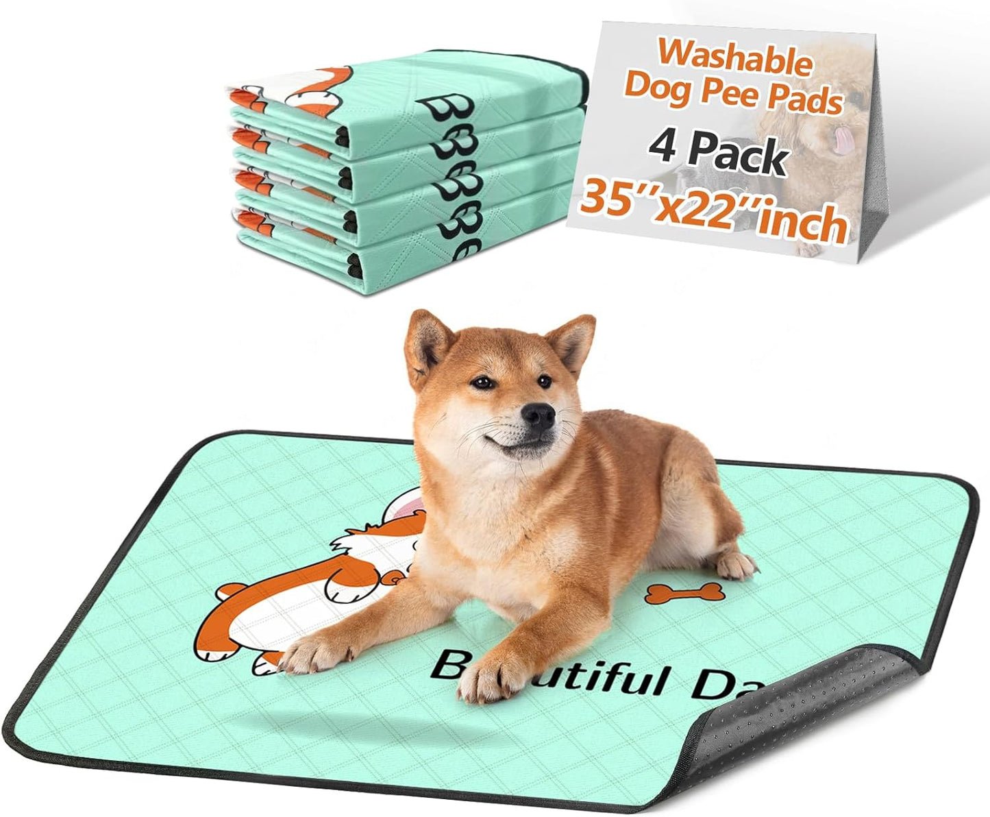 Washable Dog Pee Pads 4-Pack – Reusable 35x22in Puppy Training Mats, Leak-Proof & Non-Slip (Blue)