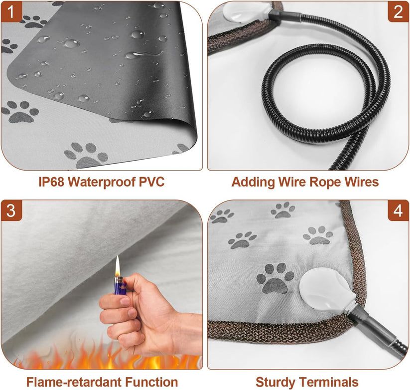 Waterproof Dog Heating Pad – Large 28x18in Heated Pet Mat with Adjustable Thermostat, Durable Wire & Paw Print Design